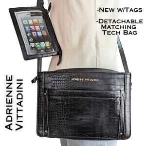 Adrienne Vittadini Crossbody Bag Black Croc Embossed Faux Leather Tech Case NEW
